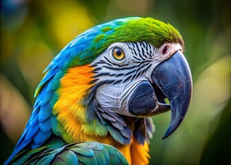 Vibrant colorful macaw parrot's close-up portrait with striking blue, green, and yellow feathers, looking straight into the camera with a curious gaze, ample copy space.