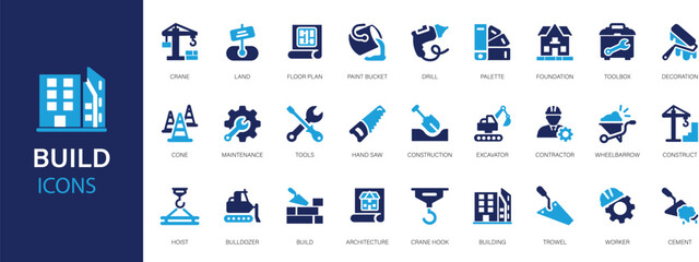 Build flat icons set. Construction, architecture, building, worker, crane, icons and more signs. Flat icon collection.