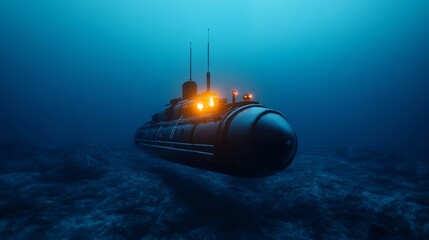 A dark, mysterious submarine explores the deep ocean, illuminated by soft glowing lights in an underwater landscape.