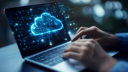 Hand presenting a laptop with a cloud network, illustrating the connection to internet servers for cloud data transfer. Cloud computing technology and online data storage for business networking.