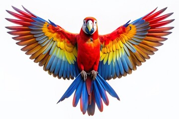Fototapeta premium Vibrant scarlet macaw spreads wide wings, flaunting stunning array of red, blue, and yellow feathers against crisp white background, showcasing majestic beauty.