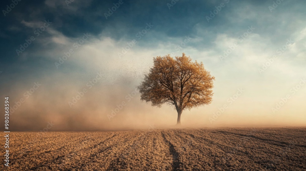 Aufkleber a lone tree rises above a mist-covered field at dawn, enveloped in soft fog with warm golden tones i