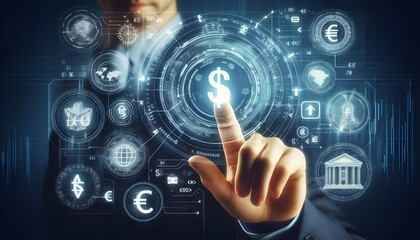 Fototapeta premium Online banking and digital money concept with man finger on virtual touch screen interface with central bank layout surrounded currency signs: dollar, euro, ruble and yen on abstract background