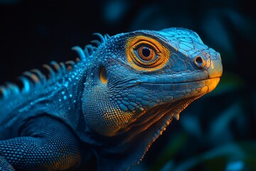 Fototapeta premium Vibrant Blue Iguana with Piercing Gaze
