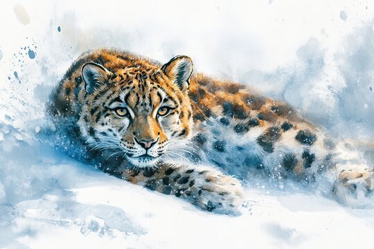 Majestic Snow Leopard Resting in Winter Wonderland