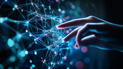 Hand interacting with a global data network structure, highlighting the fastest connections, internet and digital technology, AI, data transfer, rapid digital communication, and advancements in inform