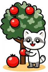 Fototapeta premium Cute Raccoon Picking Red Apples from a Tree