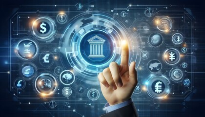 Obraz premium Online banking and digital money concept with man finger on virtual touch screen interface with central bank layout surrounded currency signs: dollar, euro, ruble and yen on abstract background