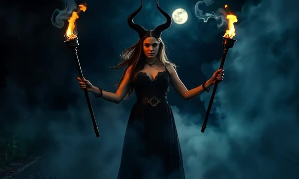Hecate, the goddess of witchcraft and crossroads, stands at a dark crossroads with twin torches. The atmosphere is eerie, representing her dominion over magic.