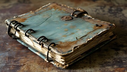 Rustic vintage notebook with spiral binding, showcasing worn cover and signs of time, ideal for...