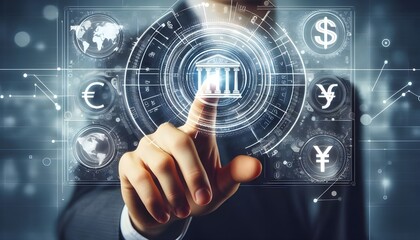 Obraz premium Online banking and digital money concept with man finger on virtual touch screen interface with central bank layout surrounded currency signs: dollar, euro, ruble and yen on abstract background