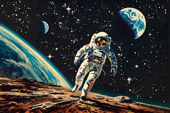 An astronaut walking on a planet
