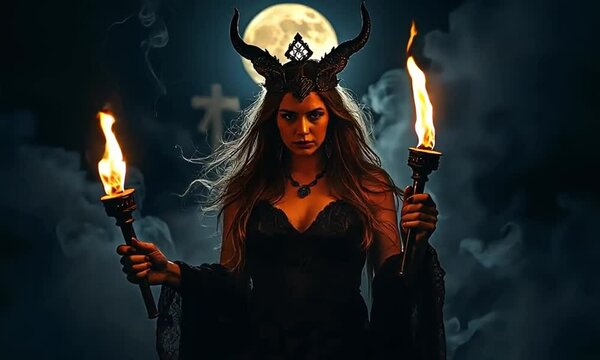 Hecate, the goddess of witchcraft and crossroads, stands at a dark crossroads with twin torches. The atmosphere is eerie, representing her dominion over magic.