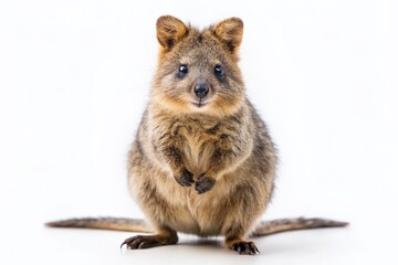 A friendly quokka sitting on its hind legs on white background. Generative AI.