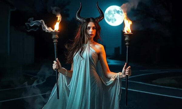 Hecate, the goddess of witchcraft and crossroads, stands at a dark crossroads with twin torches. The atmosphere is eerie, representing her dominion over magic.