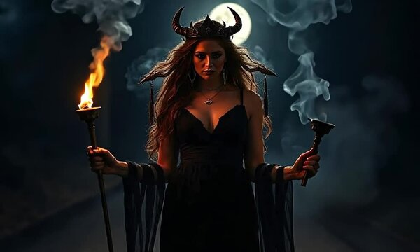 Hecate, the goddess of witchcraft and crossroads, stands at a dark crossroads with twin torches. The atmosphere is eerie, representing her dominion over magic.