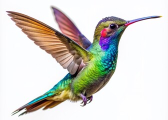 Fototapeta premium Vibrant iridescent hummingbird with delicate feathers and rapid wing movement hovers in mid-air, isolated on transparent background, showcasing its mesmerizing natural beauty.