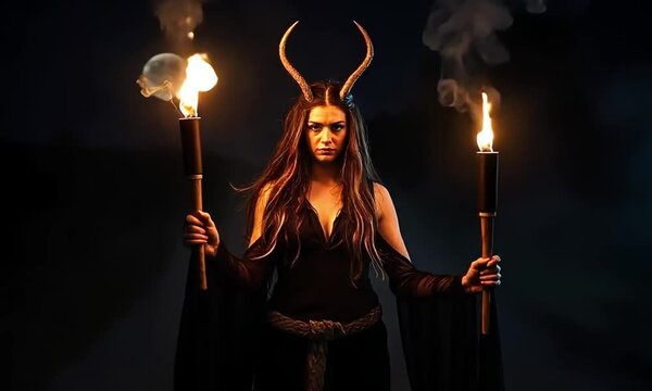 Hecate, the goddess of witchcraft and crossroads, stands at a dark crossroads with twin torches. The atmosphere is eerie, representing her dominion over magic.