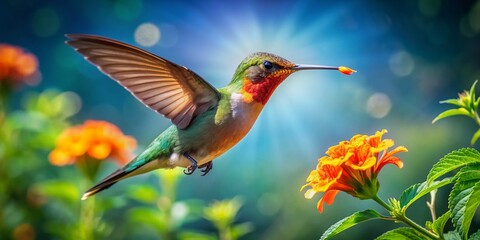 Obraz premium Vibrant hummingbird in mid-air, wings beating rapidly, sips nectar from a bright orange flower amidst lush green foliage under a clear blue summer sky.