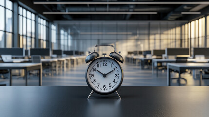A black alarm clock with a white face sits on a table in a room. The clock is set to the time of 10:00