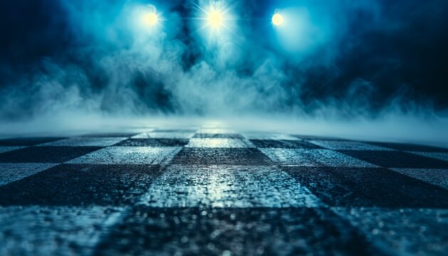 Checkered racetrack illuminated by bright spotlights at night