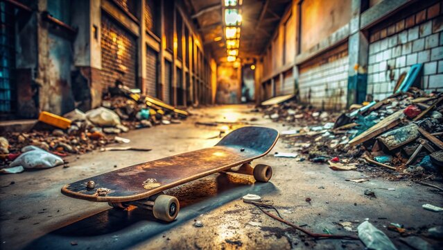 Rusty, worn-out skateboard lying on a faded, cracked concrete floor surrounded by scattered trash and debris in a dimly lit, urban alleyway setting.