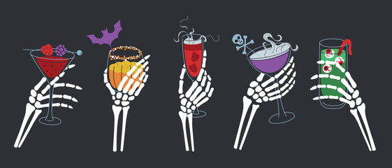Vector illustration set of skeleton hands holding glasses with Halloween cocktails. Spooky collection with fancy drinks for gothic parties. Blackberry beverage, pumpkin smoothie, punch with eyeballs