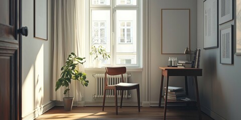 A tiny dining nook with a single chair and a small table set by a window, the room bathed in natural light and devoid of any clutter.