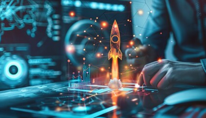 Illustration of a rocket launching from a futuristic user interface representing a business startup