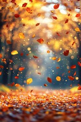 Golden autumn trees and falling maple leaves on a blurred background
