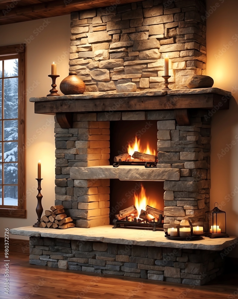 Canvas Prints Rustic fireplace with stone mantel and warm light