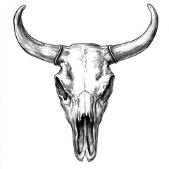 Black and white Vintage engraved art of a bull skull with longhorns, isolated on white background, ink sketch illustration, simple vector art design, highly detailed line art, high contrasty