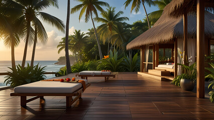 Fototapeta premium tropical beauty spa set in a lush jungle, with wooden walkways leading to private massage huts