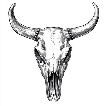 recommend clip art: Black and white Vintage engraved art of a bull skull with longhorns, isolated on white background, ink sketch illustration, simple vector art design, highly detailed line art, high contrasty