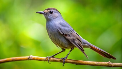 A majestic gray catbird perches on a slender branch, its sleek feathers and sharp beak highlighted against a soft, blurred green forest background.