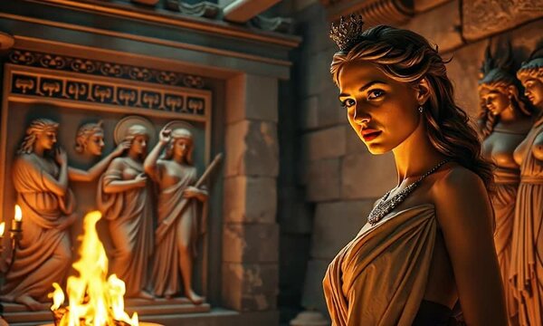 Hestia, the goddess of the hearth, stands by a fire in an ancient Greek home. The warm lighting shows her peaceful expression as she tends to the flame.