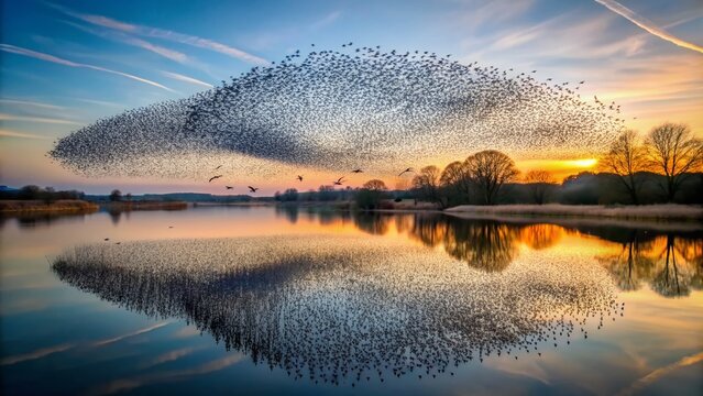 Murmuration of starlings forms mesmerizing patterns in the sky, casting a mirrored reflection on the calm lake water, creating a stunning natural symphony.