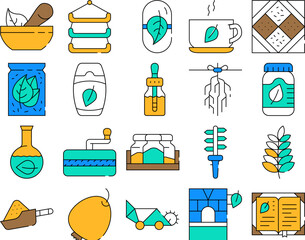 Herbalist Medical Collection Icons Set Vector. Scissors And Dryer, Organizer And Package Herbalist Equipment, Herbal Tea And Medicine Pills color Contour Illustrations