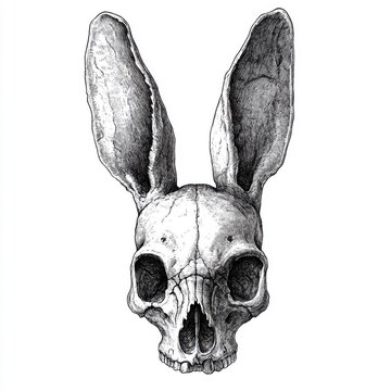 recommend clip art: Black and white Vintage engraved art of a rabbit skull, isolated on white background, ink sketch illustration, simple vector art design, highly detailed line art, high contrasty