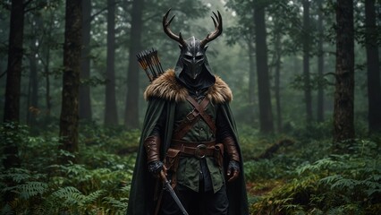 A character dressed as a mythical beast hunter with a cloak, crossbow, and a dense forest backdrop.