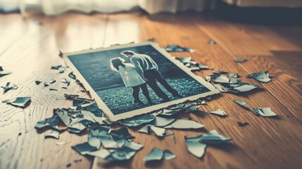 A torn photograph of a couple in happier times, the pieces lying scattered on a wooden floor, signifying the end of a once cherished relationship