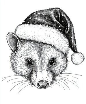 recommend clip art: Black and white Vintage engraved art of an opossum wearing a Christmas Santa hat, isolated on white background, ink sketch illustration, simple vector art design, highly detailed line art, high 
