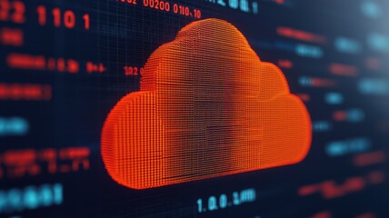 Futuristic digital illustration featuring a cloud symbol surrounded by vibrant data streams and code.