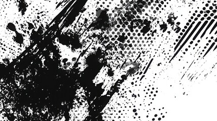 Grunge halftone texture with splattered ink blot design in black and white, perfect for abstract backgrounds and artistic projects