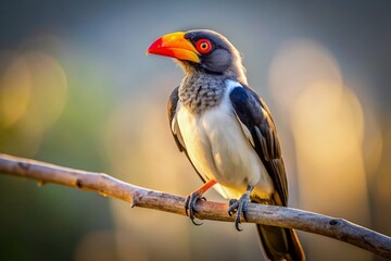 Vibrant yellow-billed oxpecker bird perched on a branch, its black and white feathers glisten in the light, against a clean transparent background with soft shadows.