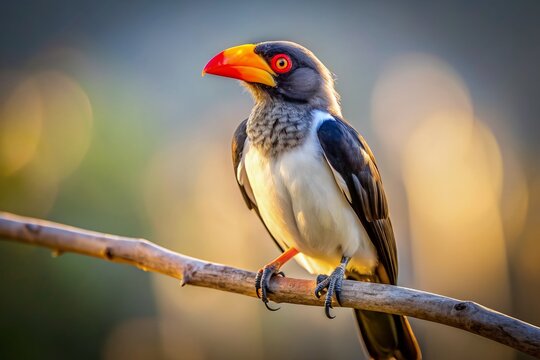Vibrant yellow-billed oxpecker bird perched on a branch, its black and white feathers glisten in the light, against a clean transparent background with soft shadows.
