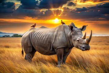 Obraz premium Majestic rhinoceros stands tall amidst golden sunset, oxpeckers perched on its back, feathers rustling in gentle breeze, African savannah landscape stretches into the distance.