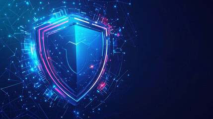 Online security for computers, VPN protection cyber shield idea. Data security depiction with a protective shield. Privacy safeguarding with a blue tech background.
