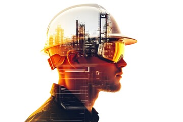 A man wearing a hard hat and goggles is shown in a cityscape