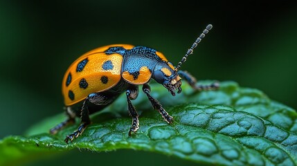 Fototapeta premium A close-up of a small, yellow and black ladybug on a green leaf.